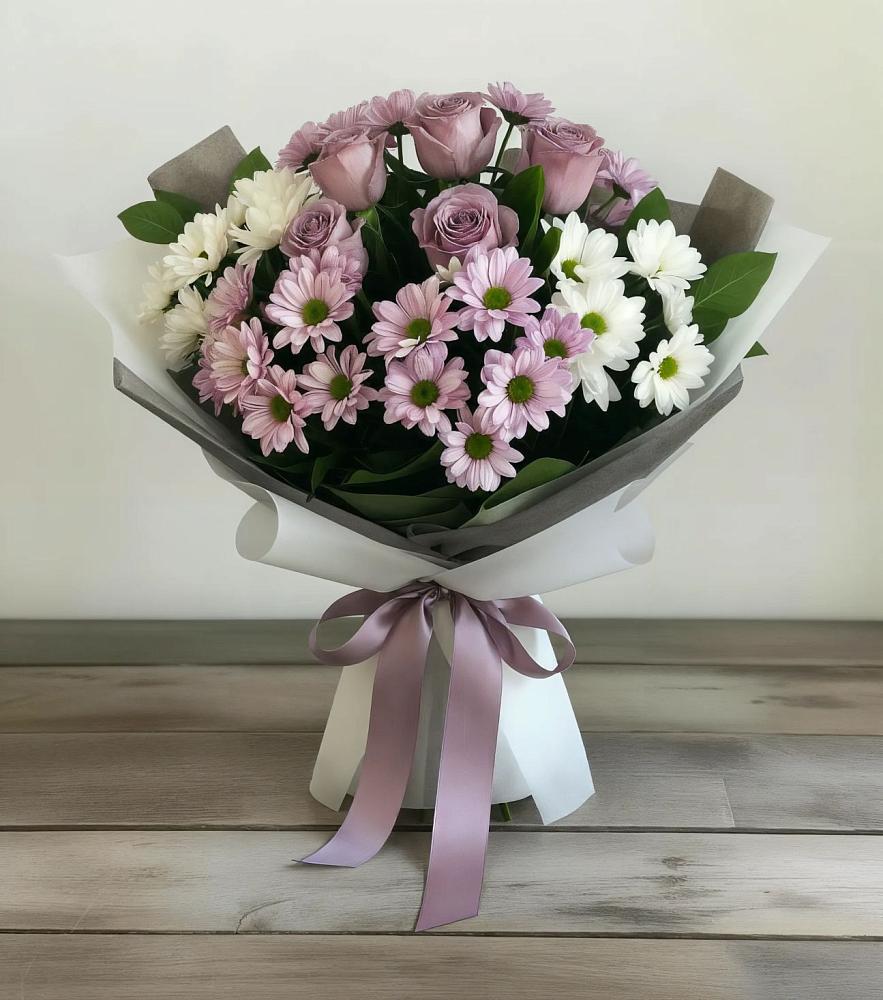 Букет цветов из: Хризантемы и Розы в Посёлок совхоза Красковский