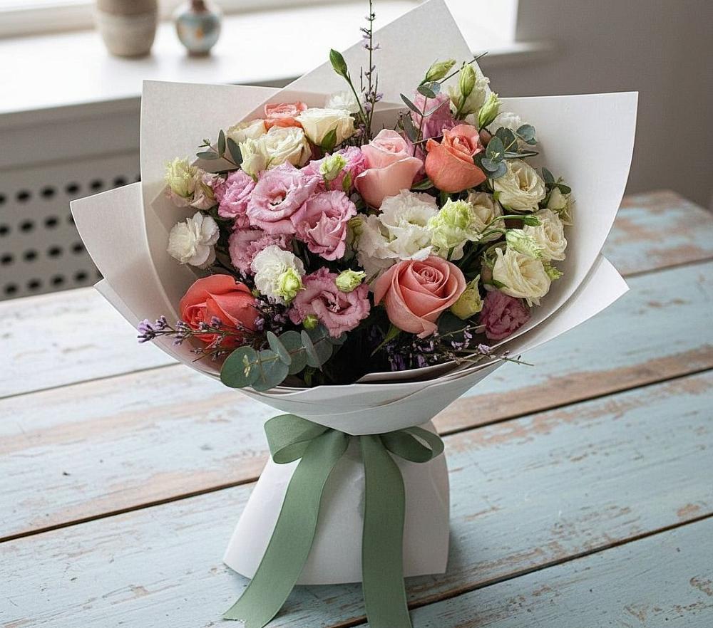 Букет цветов из: Розы, Лизиантусы и Гвоздики в Посёлок совхоза Красковский