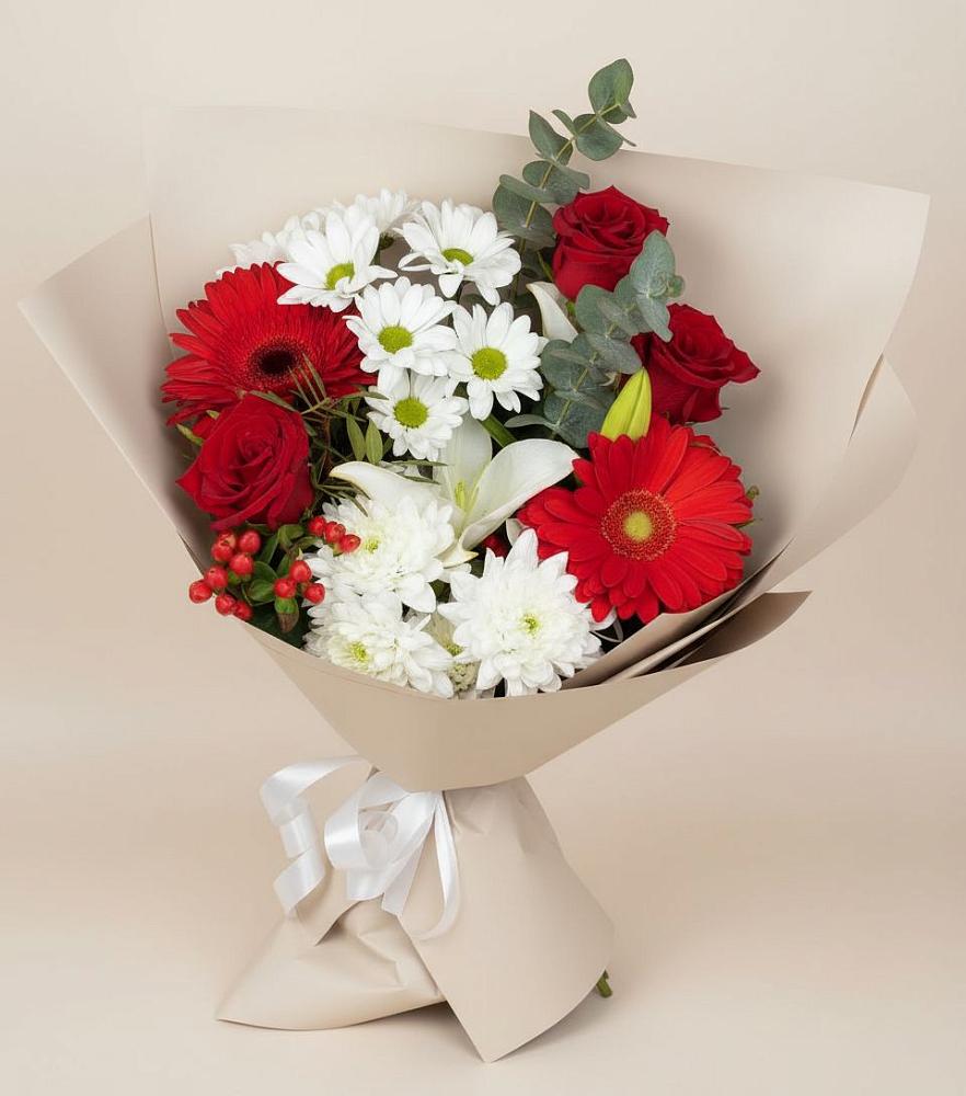 Букет цветов из: Розы, Хризантемы, Герберы и Лилии в Посёлок совхоза Красковский