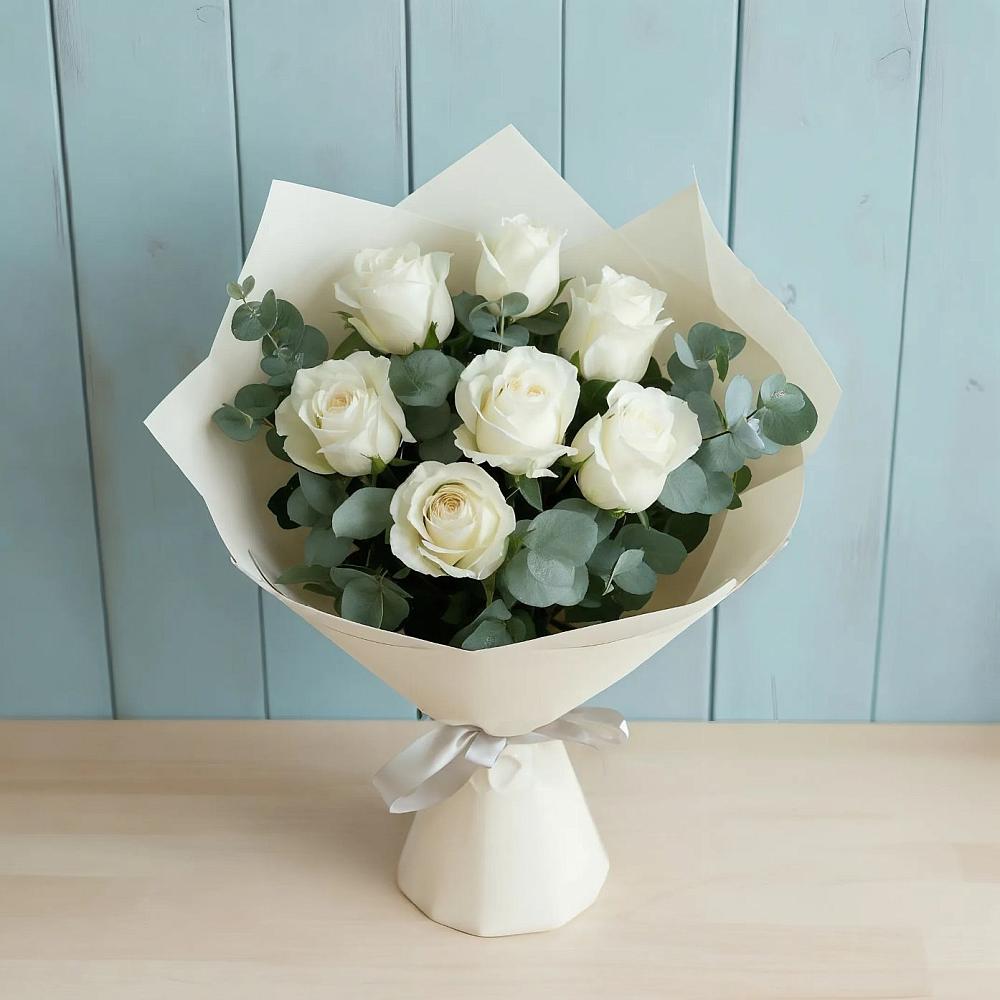 Букет Белые розы в Эвкалипте в Посёлок совхоза Красковский