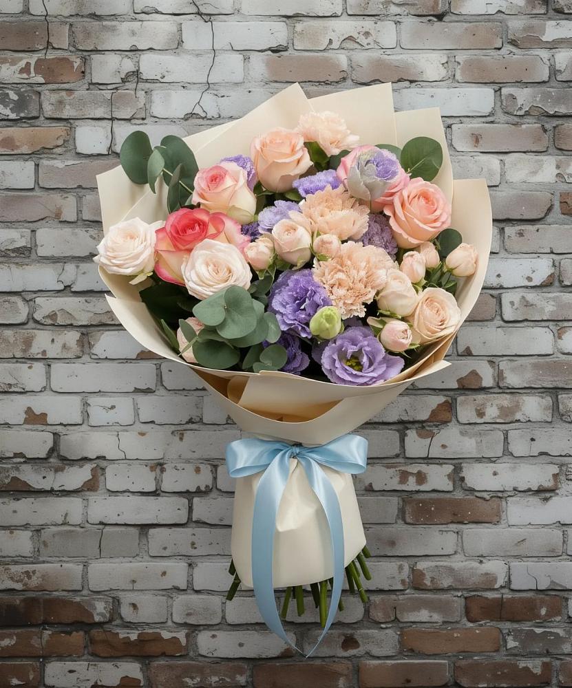 Букет цветов из: Розы, Лизиантусы и Гвоздики в Посёлок совхоза Красковский