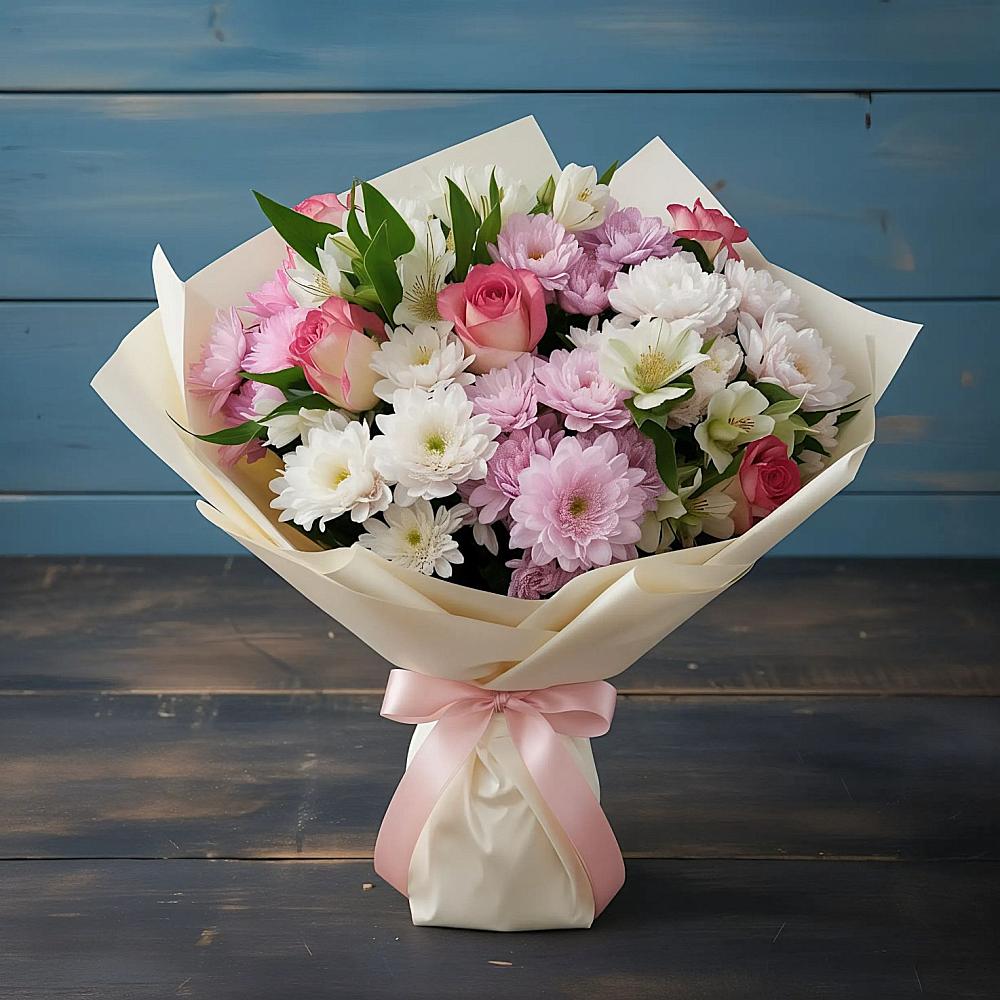 Букет цветов из: Хризантемы, Альстромерии и Розы в Посёлок совхоза Красковский